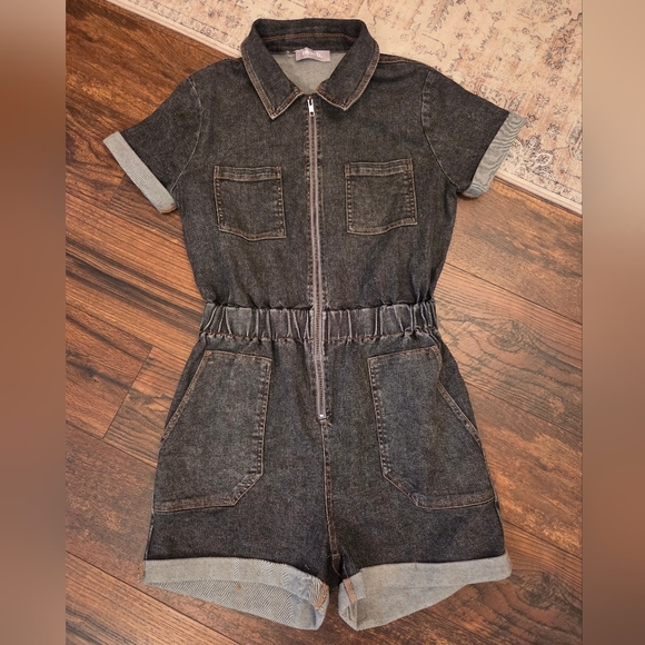blue b Pants - Black Denim One Piece Romper